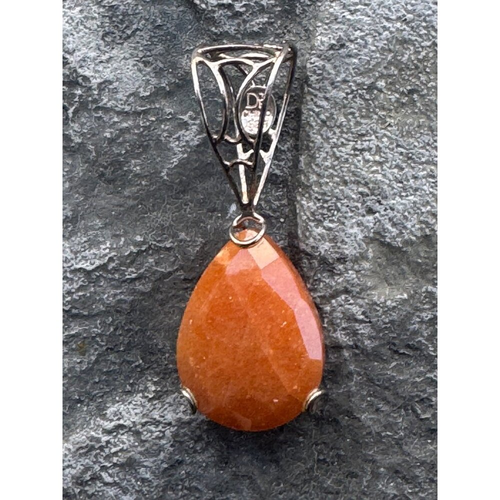 Orange Aventurine Teardrop Pendant With Ornate Silver Bail 1.5 Inch Length Handc